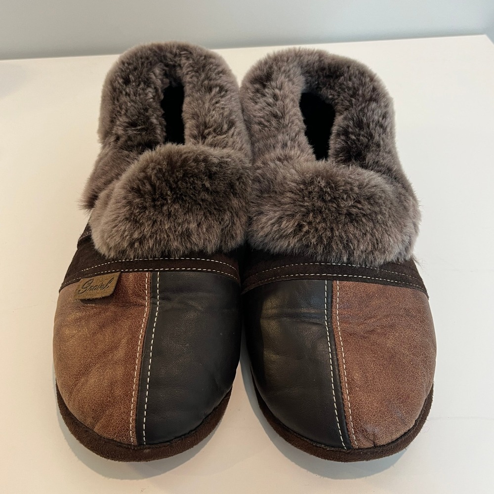 Gravel Mens Brown Leather Suede Faux Fur Lined House Slippers Size 11H